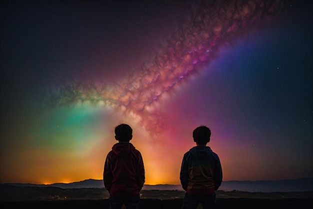 Silhouet van jongens die naar de regenboogkleurige sterren kijken, ai generatief