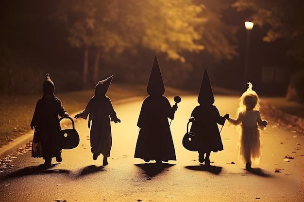 Silhouet van kinderen in Halloween-kostuums die gaan trick or treaten op een griezelige nacht