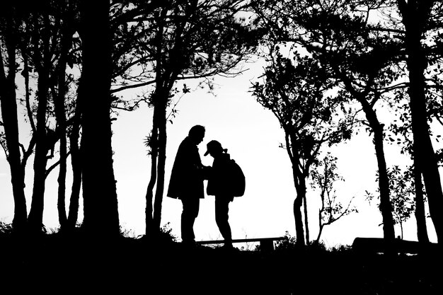 silhouet van liefde paar in bomen grens, rug en witte toon