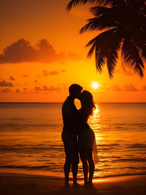 Silhouet van liefhebbers romantische kus op het strand