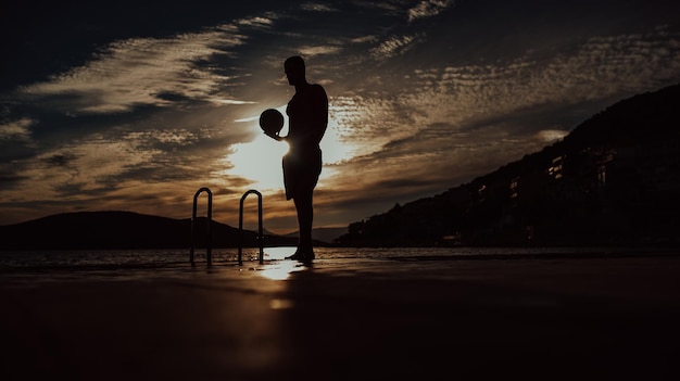 Silhouet van man aan het voetballen op het strand