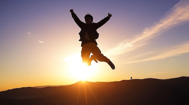 silhouet van man reizen springen voor succesvolle prestaties en vieren van succes met zonsopgang