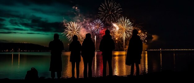 Foto silhouet van mensen die naar vuurwerk kijken