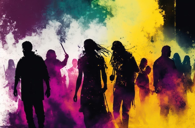 Silhouet van mensen die spelen met kleuren in Holi-festival.