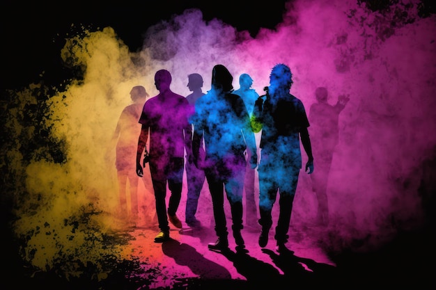 Silhouet van mensen die spelen met kleuren in Holi-festival.