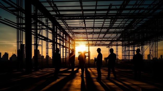 Silhouet van mensen uit het bedrijfsleven op de bouwplaats met kranen in backgroundgenerative ai