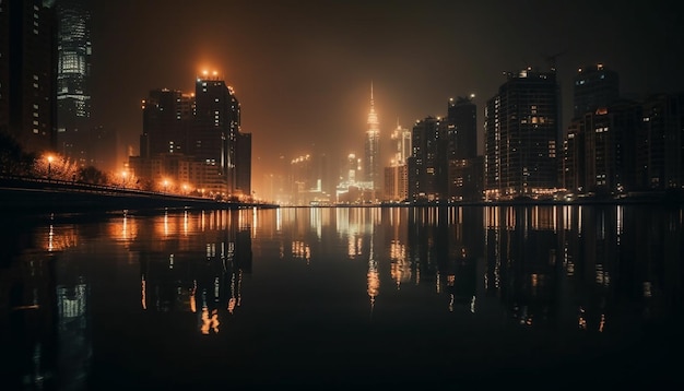 Silhouet van moderne stadswolkenkrabbers verlicht de waterkant gegenereerd door AI