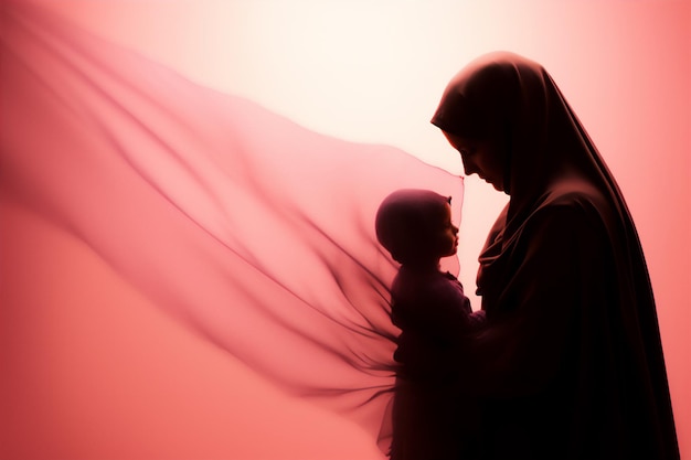 silhouet van moeder in hijab met haar baby in super close-up op roze achtergrond