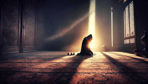Silhouet van moslim man die aanbidding heeft en bidt voor vasten en Eid of Islam Generative AI