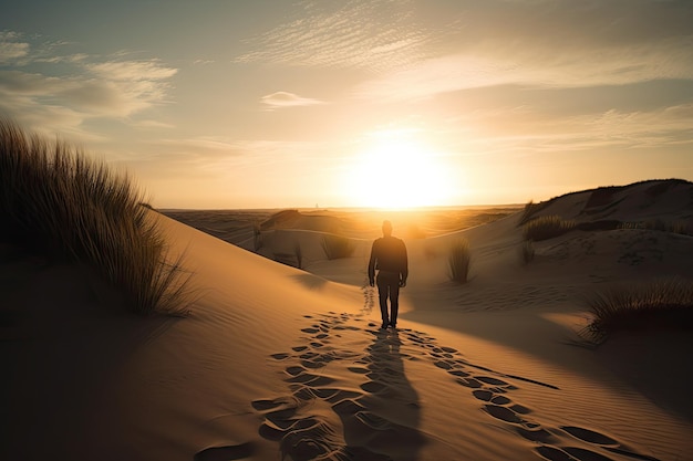 Silhouet van persoon die door zandduinen loopt met zonsopgang op de achtergrond