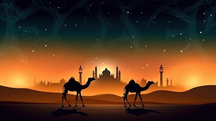 Foto silhouet van prachtige moskee en kameel op woestijn bij prachtige nachtviering eid aldha