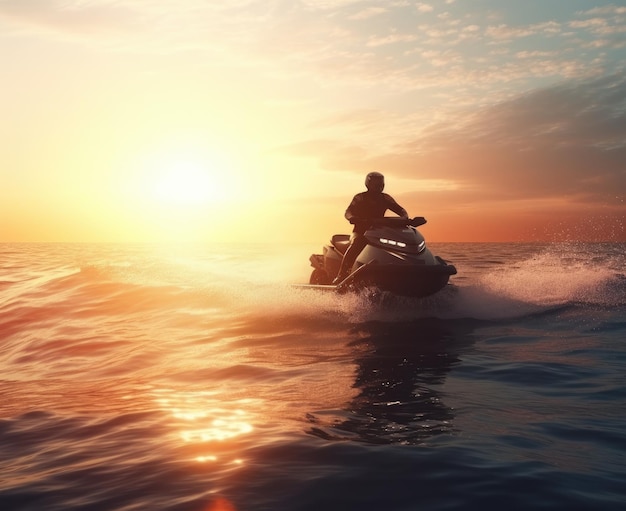 Silhouet van sterke man springt op de jetski boven het water bij zonsondergang