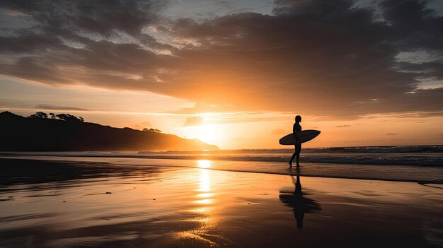 Silhouet van Surfer op weg naar de zee met Generative AI Technology