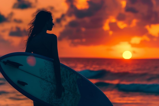 Silhouet van Surfer Woman bij zonsondergang gegenereerd met AI