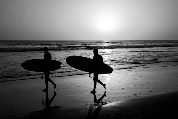 Silhouet van surfermensen die hun surfplank op het strand van de zonsondergangzee dragen