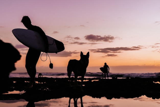 Silhouet van surfers en een hond tijdens zonsondergang met tegenlicht en reflectie