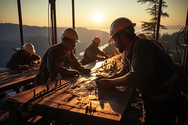 Silhouet van Survey Engineer en bouwteam die werken aan zware industrie op hoog terrein en veiligheidsconcept Gegenereerd met AI