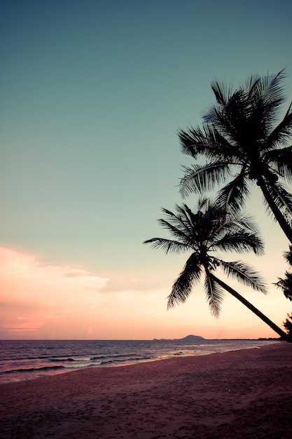 Silhouet van tropisch strand tijdens zonsondergangschemering