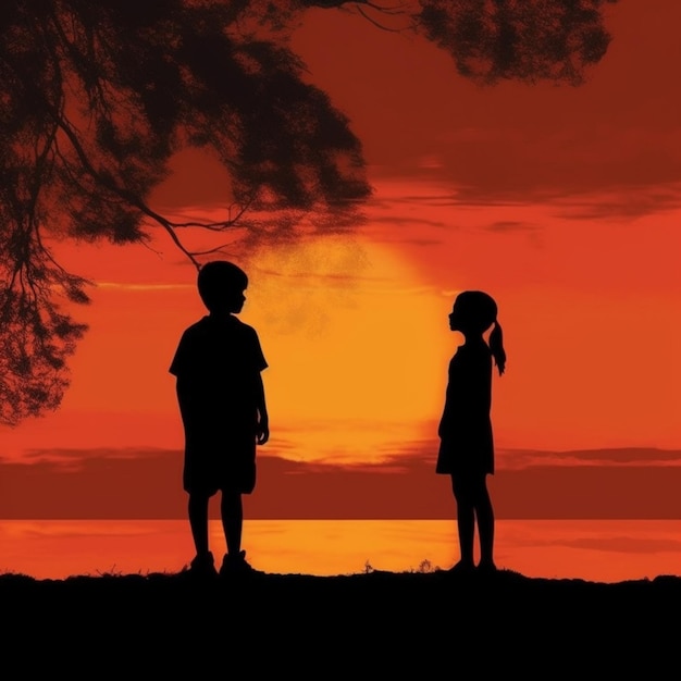 Silhouet van twee kinderen die op een heuvel staan en naar de zonsondergang kijken.