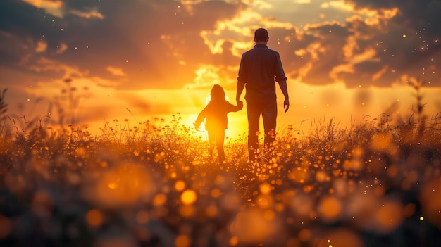 Silhouet van vader en kind die hand in hand staan bij zonsondergang