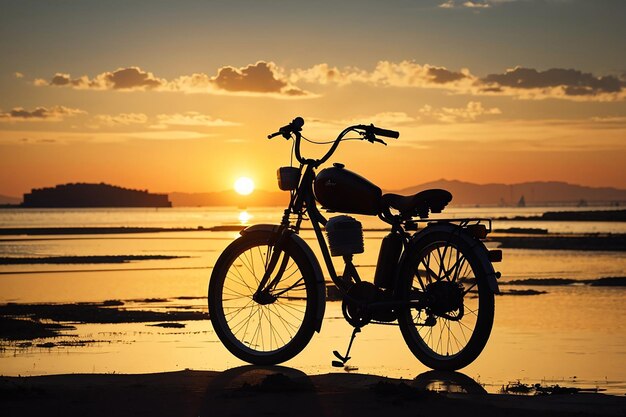 Silhouet van vintage fiets bij de zonsondergang