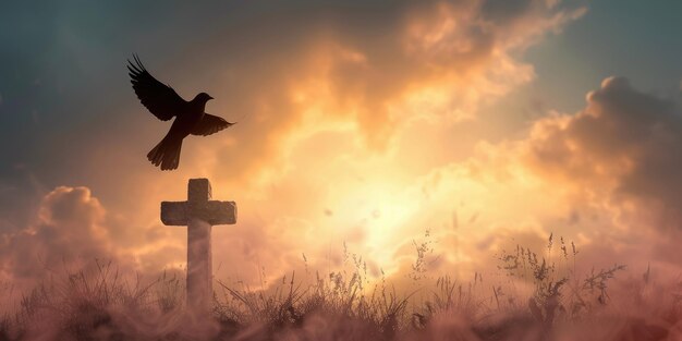 Silhouet van vliegende vogel op christelijk kruis Vogelshoop aanbidding in God Opstanding