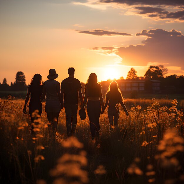 Silhouet van vriendschap hand in hand tegen de achtergrond van een weiland bij zonsondergang generatieve ai