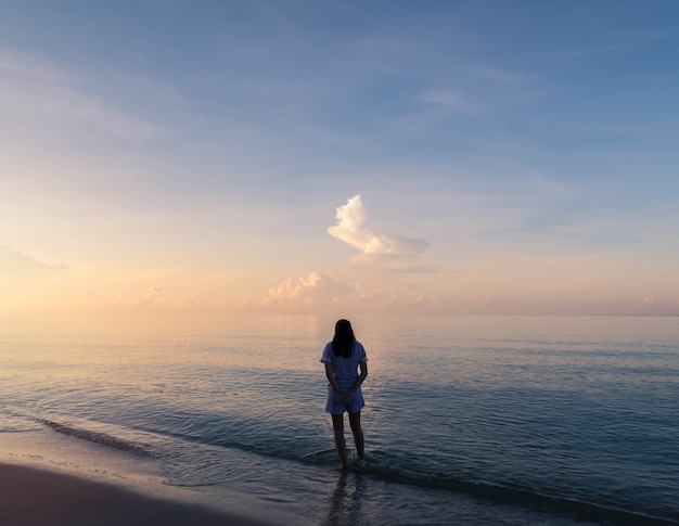 Silhouet van vrouw die op de strandachtergrond lopen met uitstekende filter
