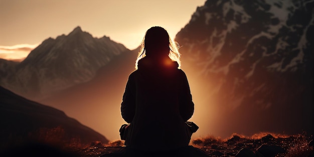 Silhouet van Vrouw in meditatie in bergen Generatieve AI