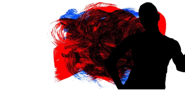 Silhouet van vrouwelijke handbalspeler tegen blauwe, rode en zwarte verf penseelstreken