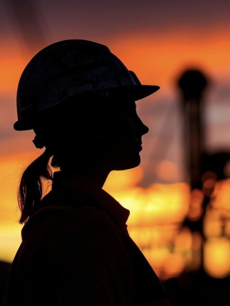 Silhouet van vrouwelijke werknemer met helm bij zonsondergang