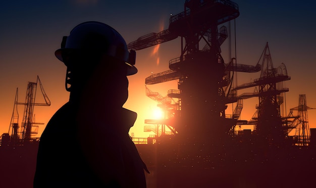 Silhouet van werknemer in industriële omgeving bij zonsondergang motiverende stockfoto met donkere sfeer en prachtig uitzicht