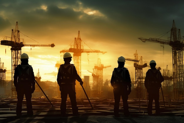 Silhouet van werknemers op de achtergrond van een bouwplaats