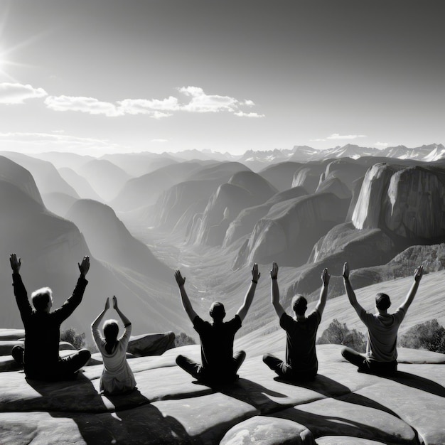 Silhouet van yoga mensen op de top van een berg