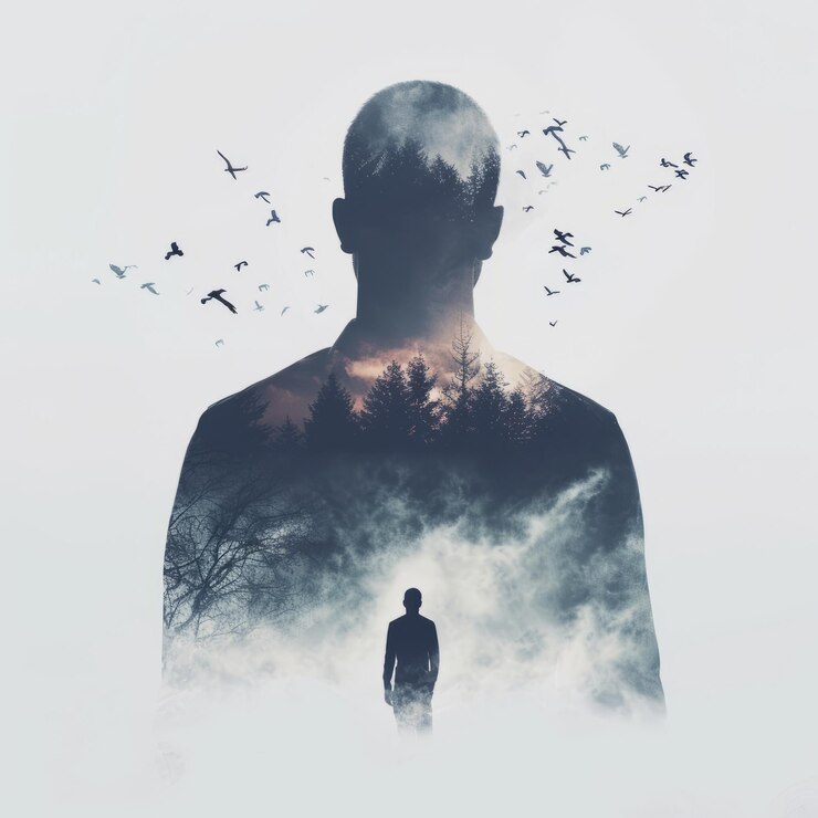 Silhouet verdrietige eenzame man in depressie Concept van psychische stoornis verdriet en angst