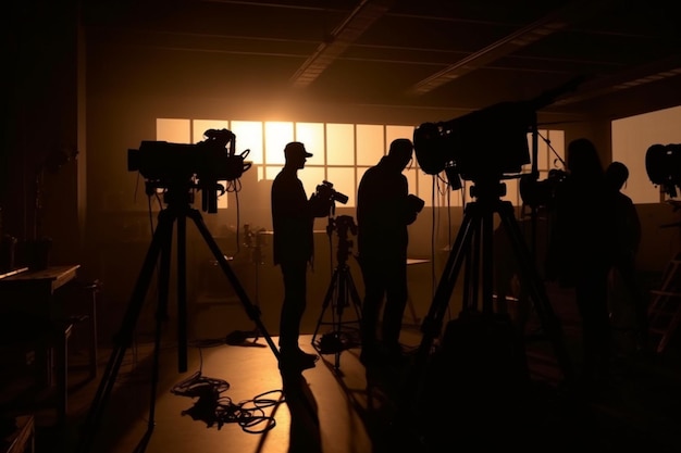 Silhouetbeelden van filmproductie achter de schermen of b rol van het maken van videocommercialfilm