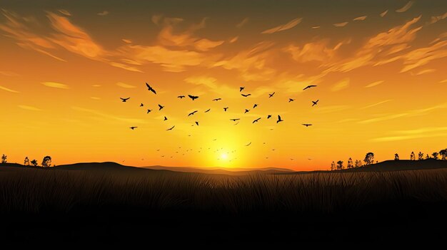 Silhouetkruis en vogels die in de weideachtergrond van de de herfstzonsopgang vliegen van dank die concept geven