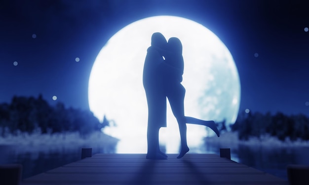Silhouetliefhebbers die romantisch kussen Er is een volle maan en een ster vol aan de hemel
