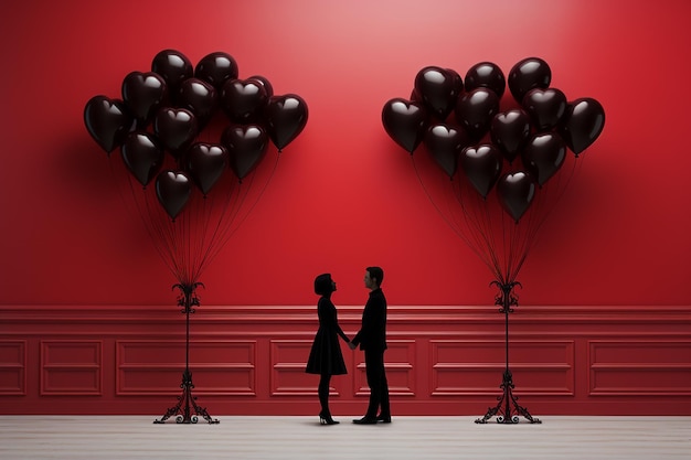 silhouetpaar met zwarte ballon op rode achtergrond