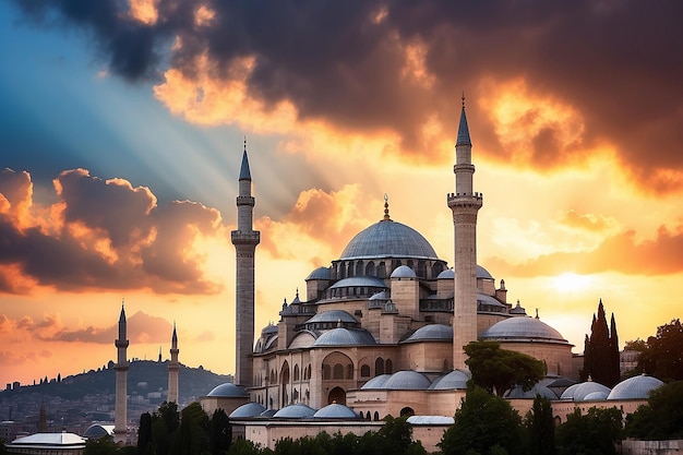 Silhouett of Suleymaniye Mosque at sunset with dramatic clouds Ramadan or islamic concept photo