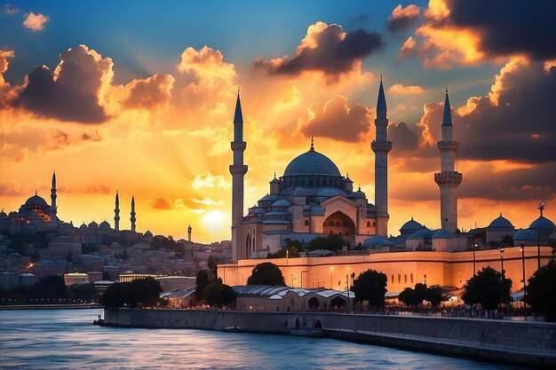 Photo silhouett of suleymaniye mosque at sunset with dramatic clouds ramadan or islamic concept photo