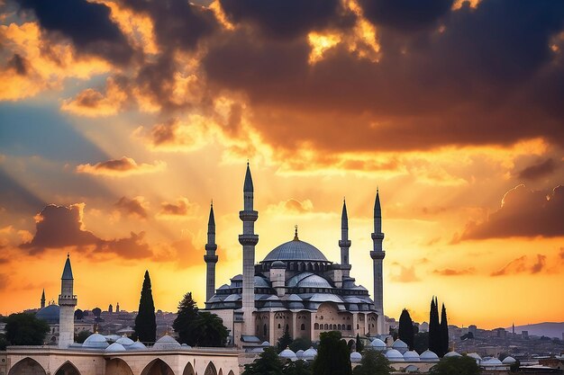 Silhouett of Suleymaniye Mosque at sunset with dramatic clouds Ramadan or islamic concept photo