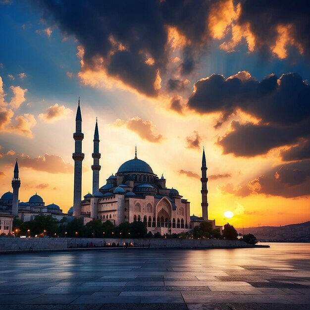 Silhouett of Suleymaniye Mosque at sunset with dramatic clouds Ramadan or islamic concept photo