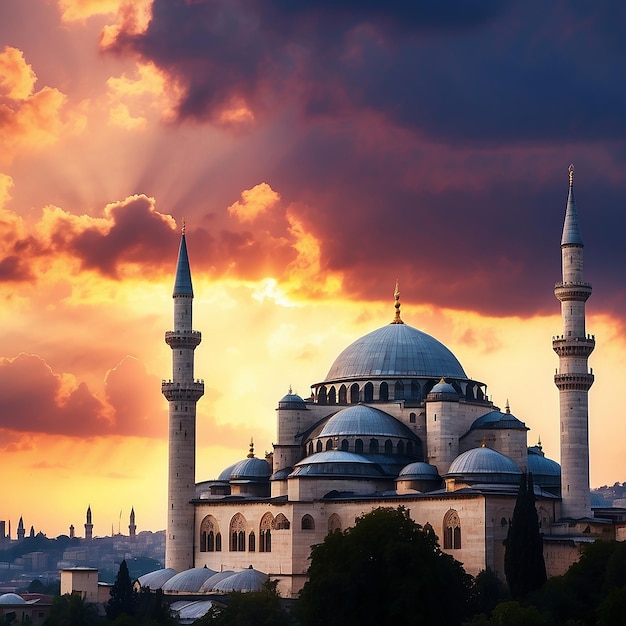 술레이마니 모스크의 실루은 해가 지는 동안 극적인 구름과 함께 라마단 또는 이슬람 개념 사진