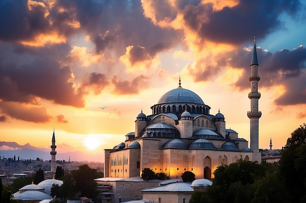 Photo silhouett of suleymaniye mosque at sunset with dramatic clouds ramadan or islamic concept photo