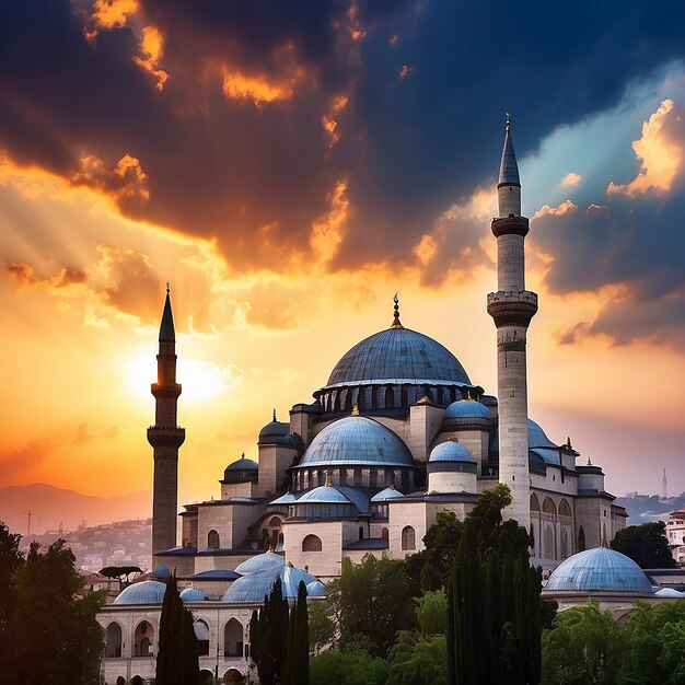 Silhouett of Suleymaniye Mosque at sunset with dramatic clouds Ramadan or islamic concept photo