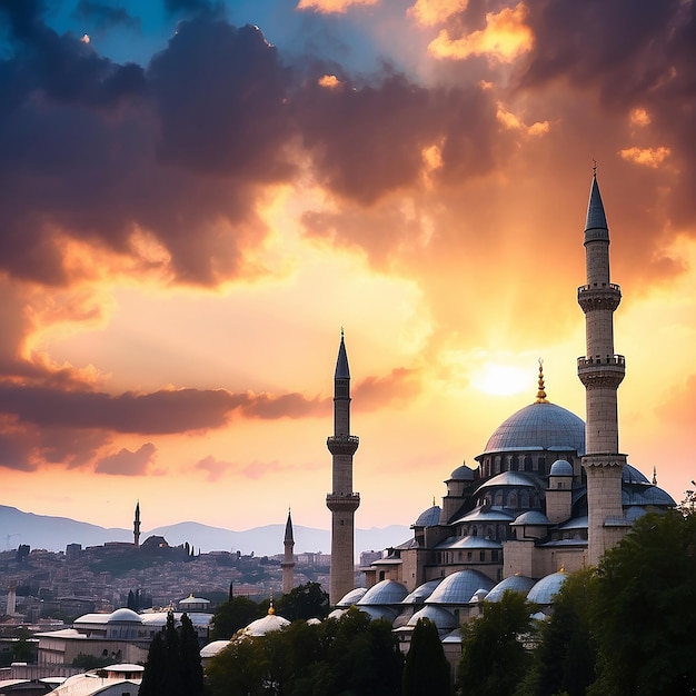 Silhouett of Suleymaniye Mosque at sunset with dramatic clouds Ramadan or islamic concept photo