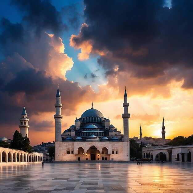 Силуэт мечети Сулеймани при заходе солнца с драматическими облаками Рамадан или исламская концепция фото