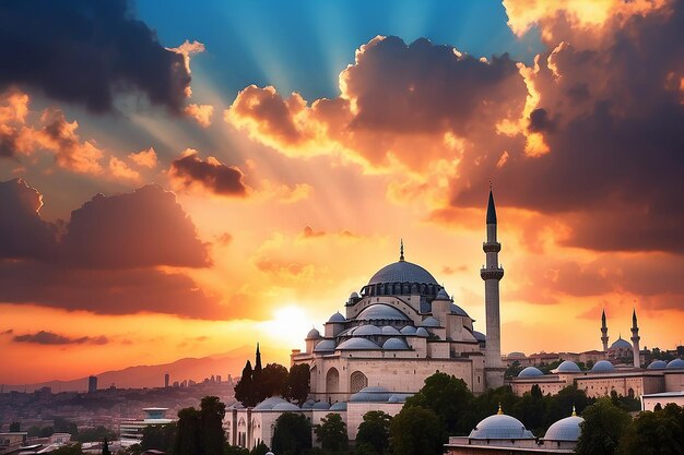 Silhouett of Suleymaniye Mosque at sunset with dramatic clouds Ramadan or islamic concept photo