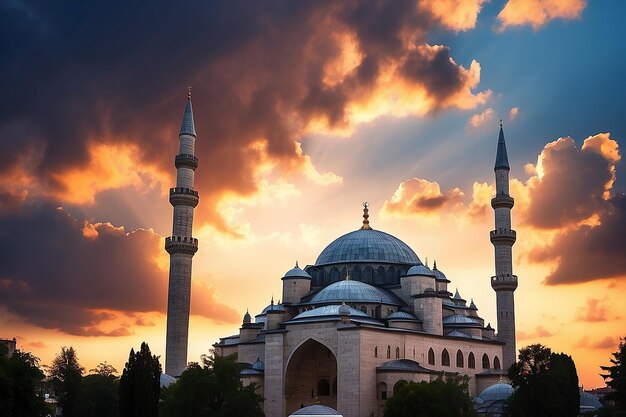 夕暮れのスレイマニエモスクのシルエットとドラマチックな雲 ラマダンまたはイスラム教のコンセプト写真